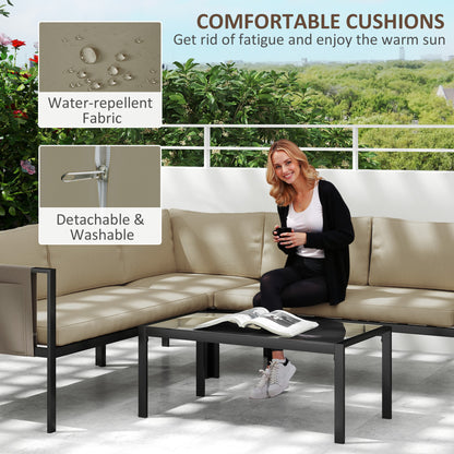 Outsunny 5 Seater Garden Corner Sofa Set, 4 Pieces Metal Garden Furniture Set with Loveseats, Glass Top Coffee Table, Breathable Mesh Pocket, Outdoor Conversation Furniture with Cushions, Khaki