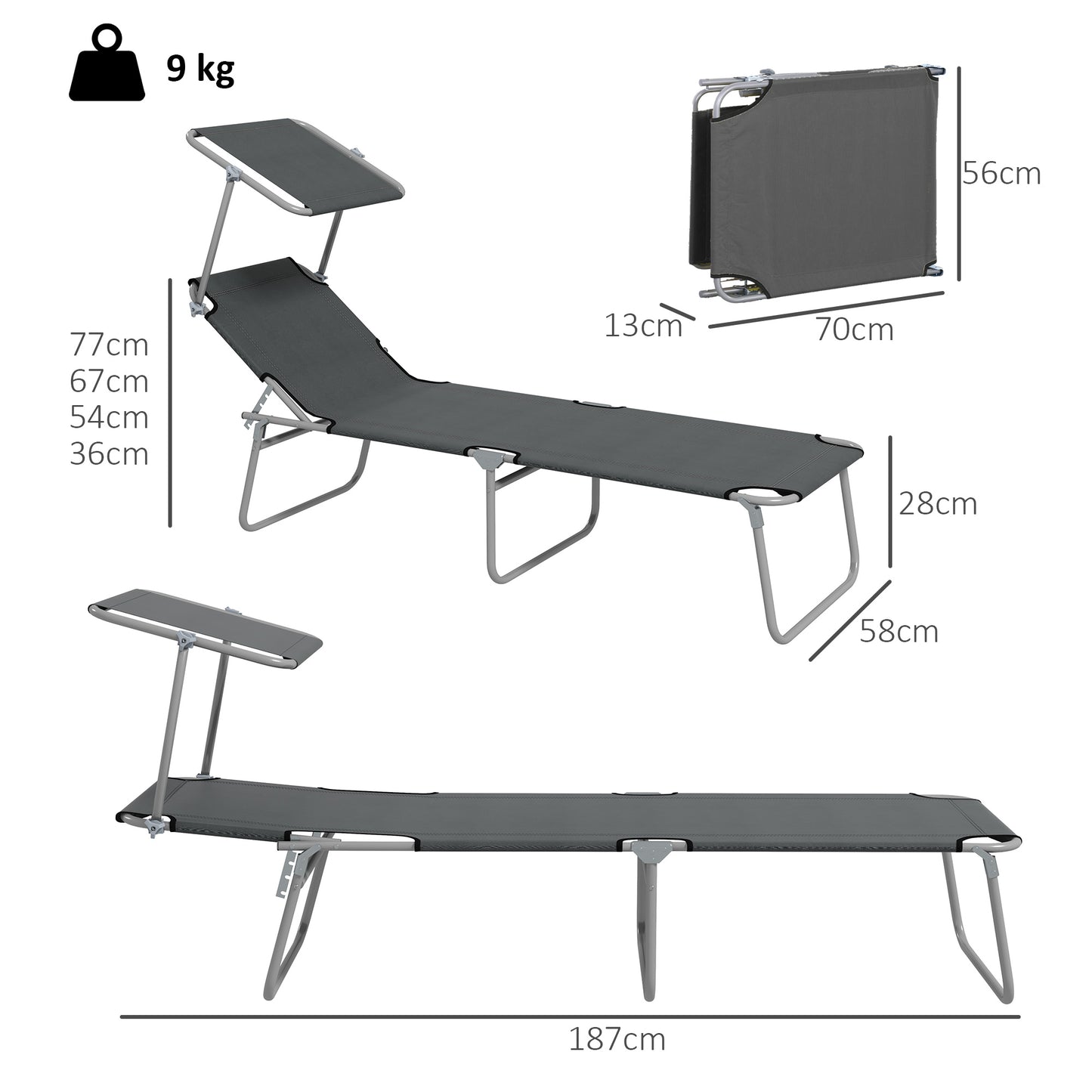 Outsunny Outdoor Foldable Sun Lounger Set of 2, 4 Level Adjustable Backrest Reclining Sun Lounger Chair with Angle Adjust Sun Shade Awning for Beach, Garden, Patio, Grey