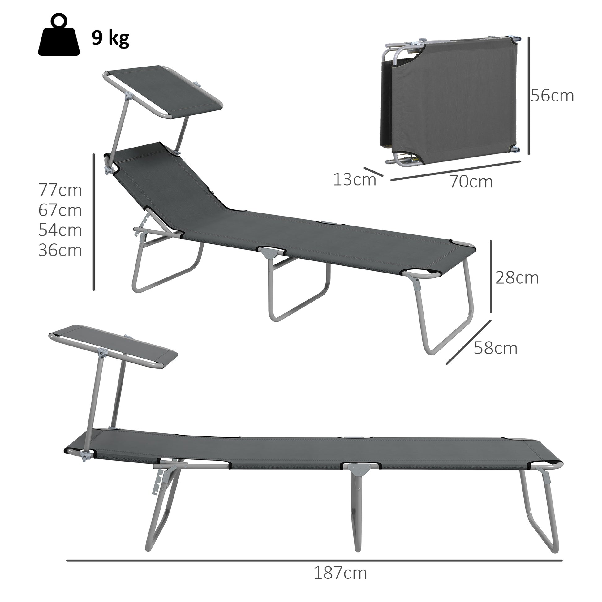 Outsunny Outdoor Foldable Sun Lounger Set of 2, 4 Level Adjustable Backrest Reclining Sun Lounger Chair with Angle Adjust Sun Shade Awning for Beach, Garden, Patio, Grey