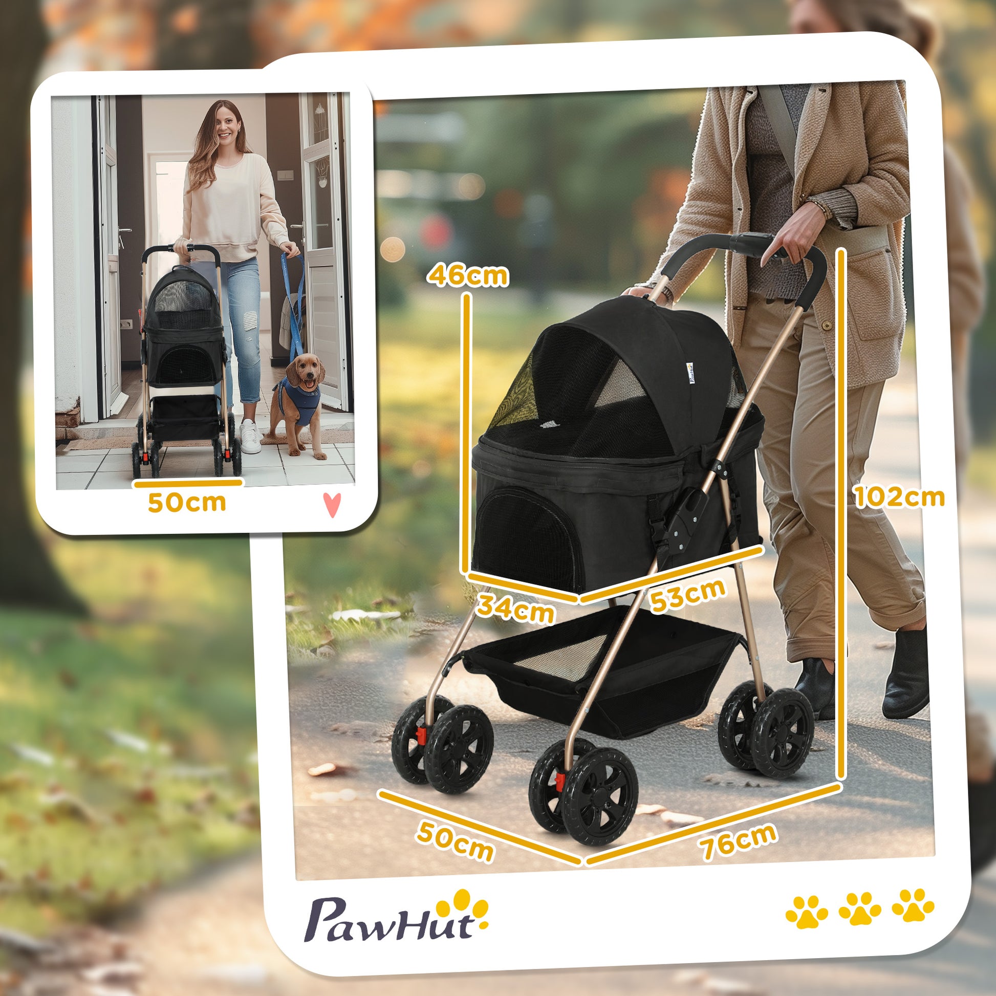 PawHut PawH 3-in-1 Pet Stroller, Folding 4 Wheel Dog Pram with Detachable Carrier for Mini Dogs, Cats, Black