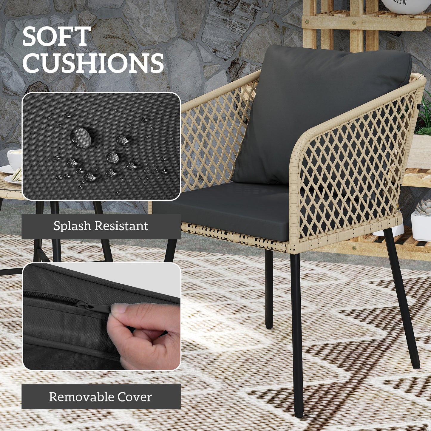 Outsunny Three-Piece Cut-Out Rattan Chair and Table Set - Brown/Black