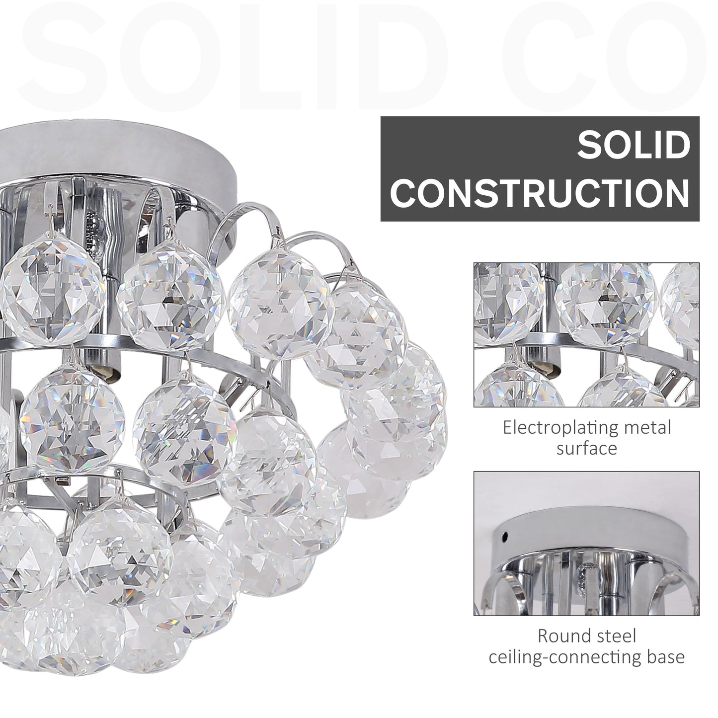 HOMCOM Crystal Ceiling Lamp Chandelier Hallway Flush Mount Pendant 3 Light ?30cm Silver