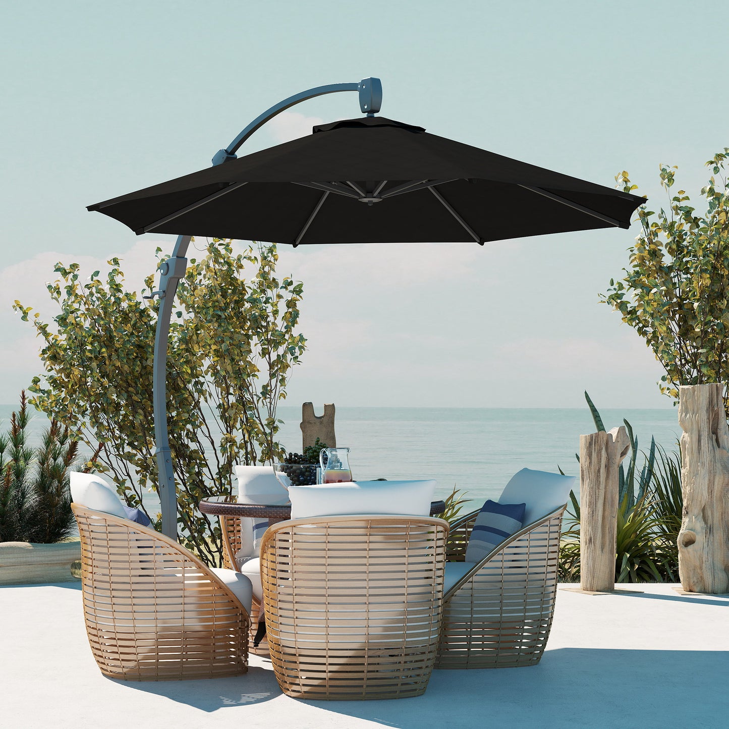 Outsunny 3(m) Garden Cantilever Parasol, Round Overhanging Umbrella with Crank Handle, Cross Base, Aluminium Frame and 360° Rotation, Banana Patio Umbrella for Outdoor Sun Shade, Black