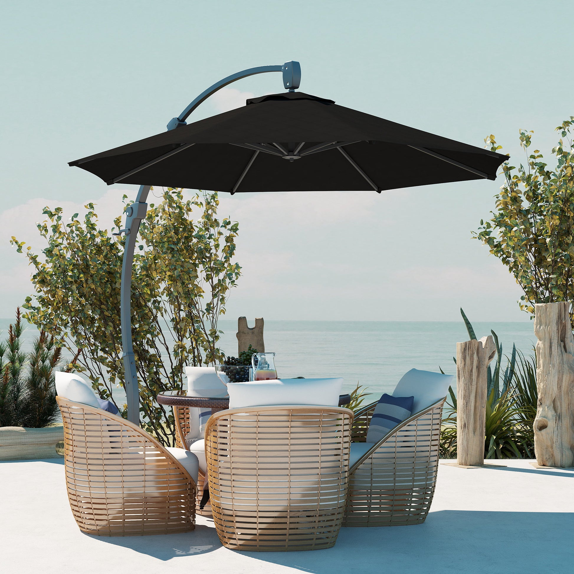 Outsunny 3(m) Garden Cantilever Parasol, Round Overhanging Umbrella with Crank Handle, Cross Base, Aluminium Frame and 360° Rotation, Banana Patio Umbrella for Outdoor Sun Shade, Black