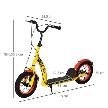 HOMCOM Kids Kick Scooter, w/ Adjustable Height, Front Rear Dual Brakes, 12 Inch Inflatable Rubber Wheels, for Ages 5+ Years - Yellow