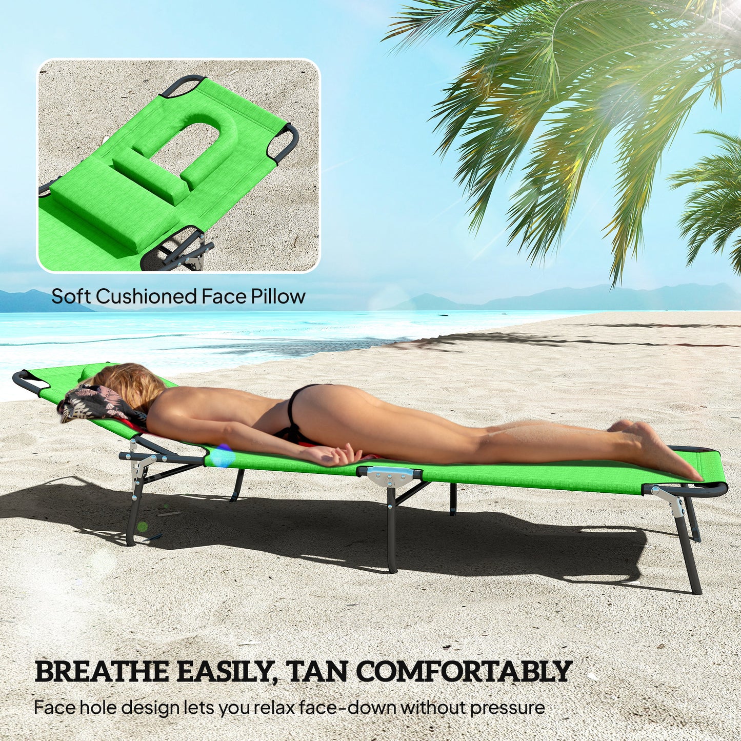 Outsunny Outdoor Folding Sun Lounger Set of 2 with Face Hole, 4 Level Adjustable Backrest Reclining Garden Lounger, Garden Recliner Sunbed with 600 D Oxford Cloth Seat and Pillow for Beach, Green