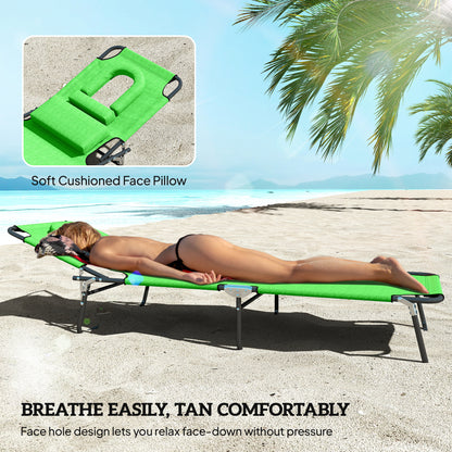 Outsunny Outdoor Folding Sun Lounger Set of 2 with Face Hole, 4 Level Adjustable Backrest Reclining Garden Lounger, Garden Recliner Sunbed with 600 D Oxford Cloth Seat and Pillow for Beach, Green
