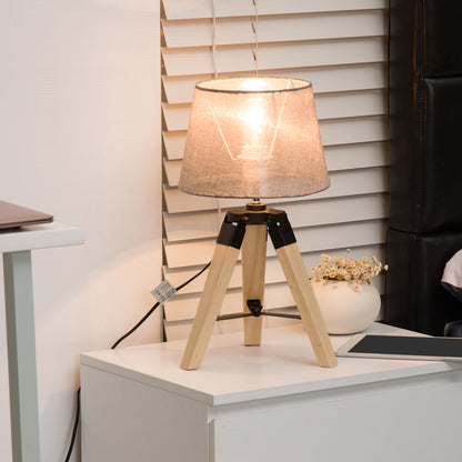 HOMCOM Wooden Tripod Table Lamp for Side, Desk or End Table with E27 Bulb Base?Grey Shade?