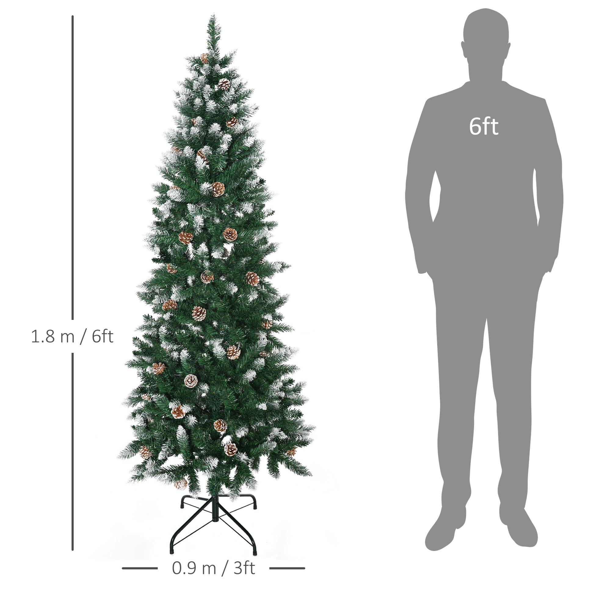 HOMCOM 6 Foot Snow Artificial Christmas Tree with Realistic Branches, Pine Cone, for Indoor Decoration, Green White