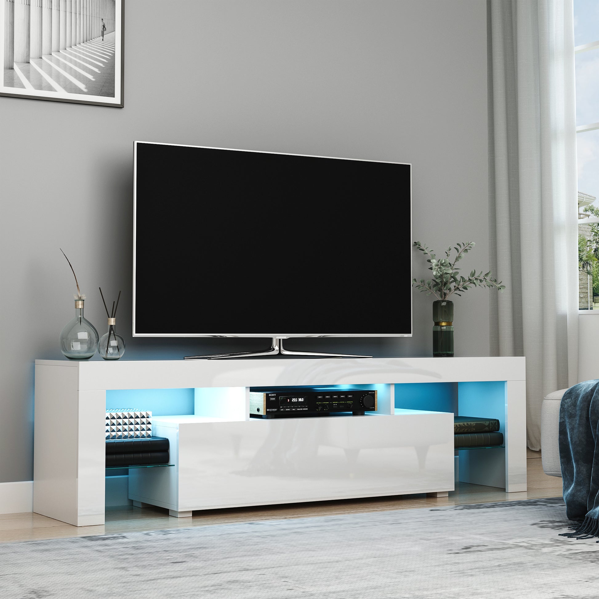 HOMCOM High Gloss TV Stand Cabinet with LED RGB Lights and Remote Control for TVs up to 65", Media TV Console Table with Storage Compartment, White