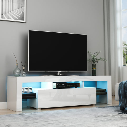 HOMCOM High Gloss TV Stand Cabinet with LED RGB Lights and Remote Control for TVs up to 65", Media TV Console Table with Storage Compartment, White