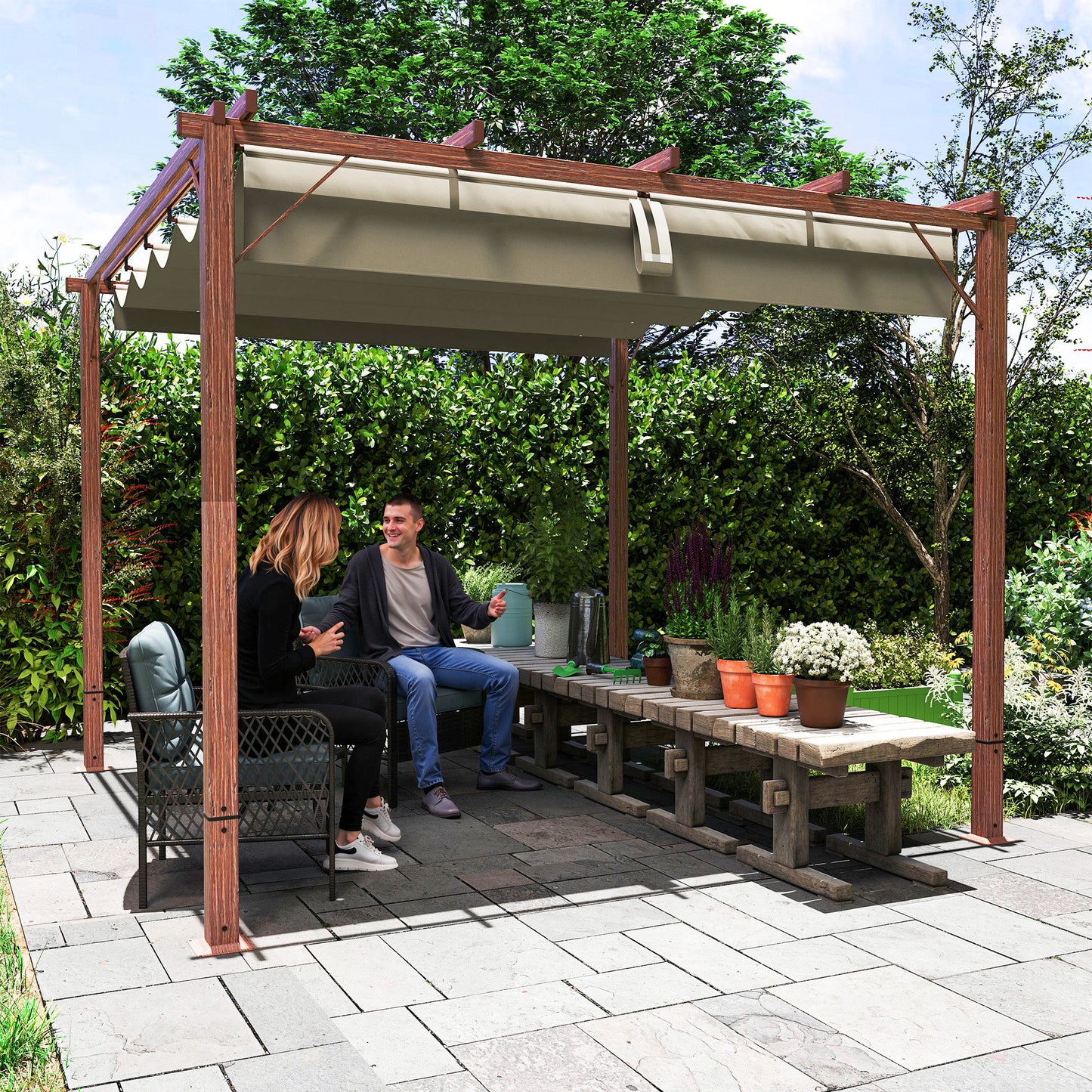 Outsunny 3 x 3 m Retractable Roof Pergola - Natural Wood Finish