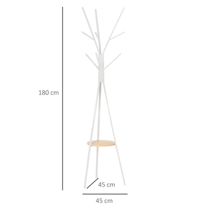 HOMCOM 180cm Free Standing Metal Coat Rack Stand 9 Hooks Clothes Tree with 1 Shelf Hat Display Hall Tree Hanger Bag for Hallway Living Room White