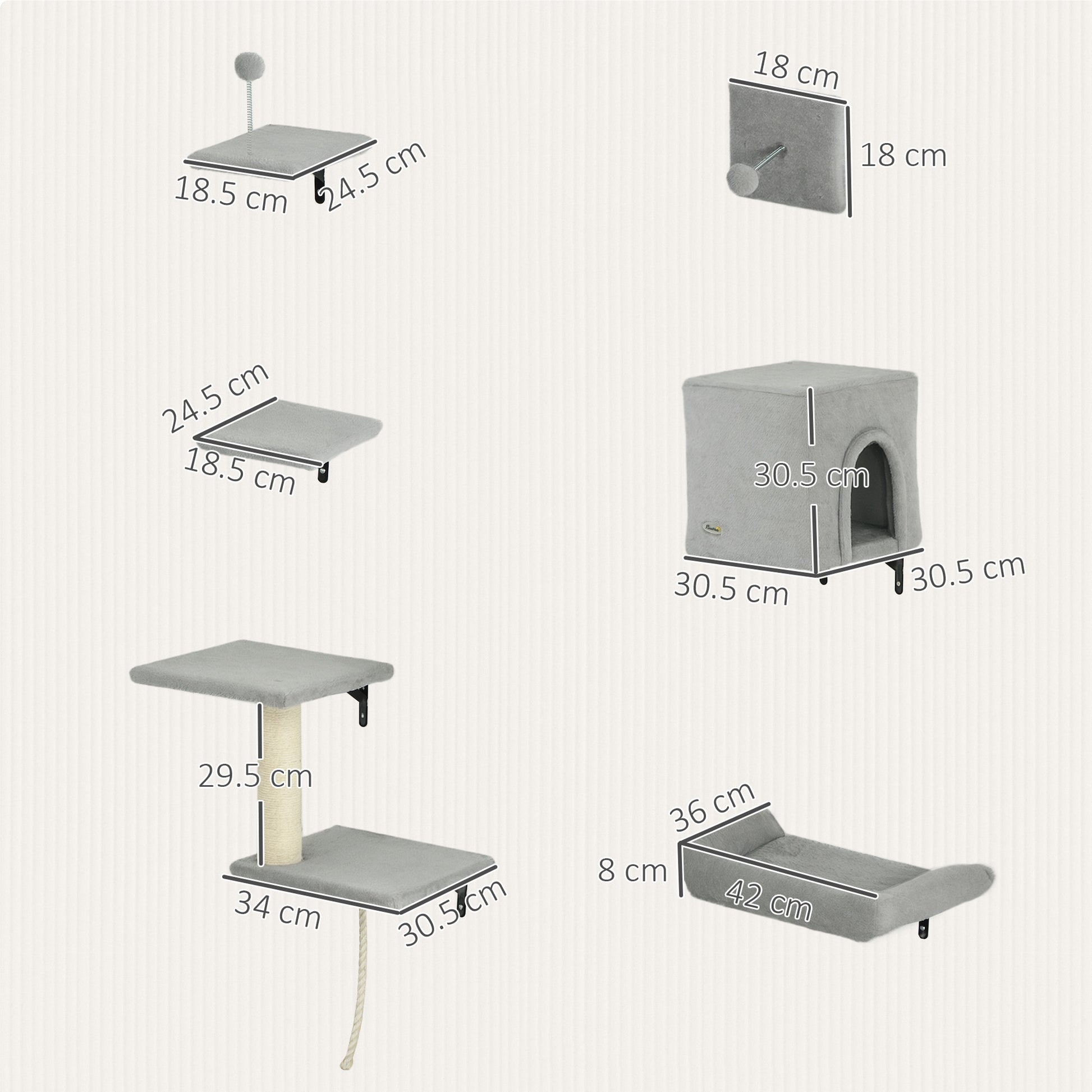 PawHut 6-Piece Cat Wall Shelves Set with Condo, Cat Wall Furniture with Platforms, Sisal Scratching Post, Bed, Toy Ball, Grey