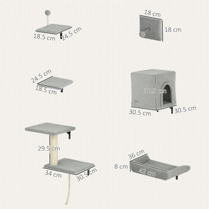 PawHut 6-Piece Cat Wall Shelves Set with Condo, Cat Wall Furniture with Platforms, Sisal Scratching Post, Bed, Toy Ball, Grey