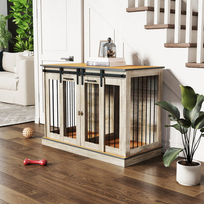 PawHut Dog Crate Furniture for Large Dogs, Double Dog Cage for Small Dogs, with Sliding Doors - Oak Tone