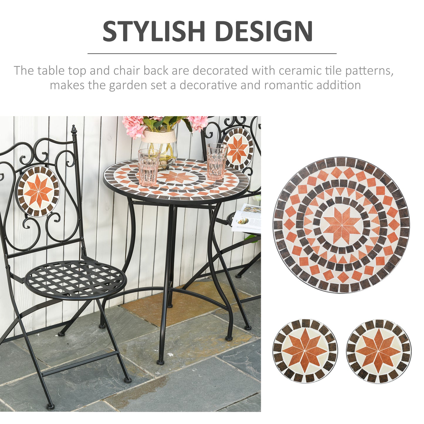 Outsunny Three-Piece Mosaic Bistro Table Set - Multicoloured