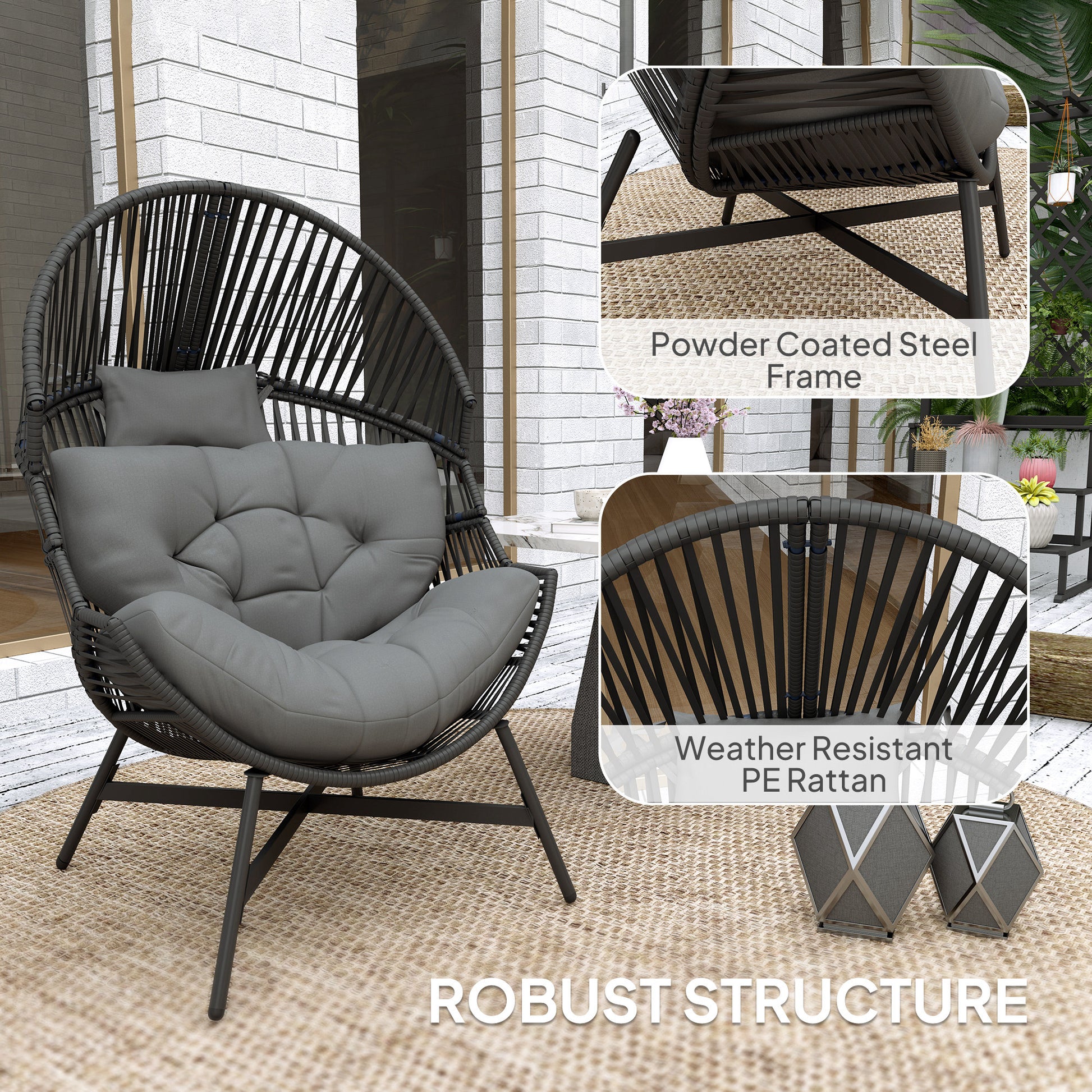 Outsunny Rattan Egg Chair, Oversized Freestanding Garden Egg Chair with Thick Tufted Cushion, Headrest, Steel Frame for Indoor and Outdoor Use, Charcoal Grey