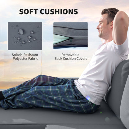 Outsunny 3 Pieces Rattan Garden Furniture Set, L Shaped Garden Conversation Chaise Lounge Furniture with Wood Top Coffee Table and Thick Cushions, Charcoal Grey