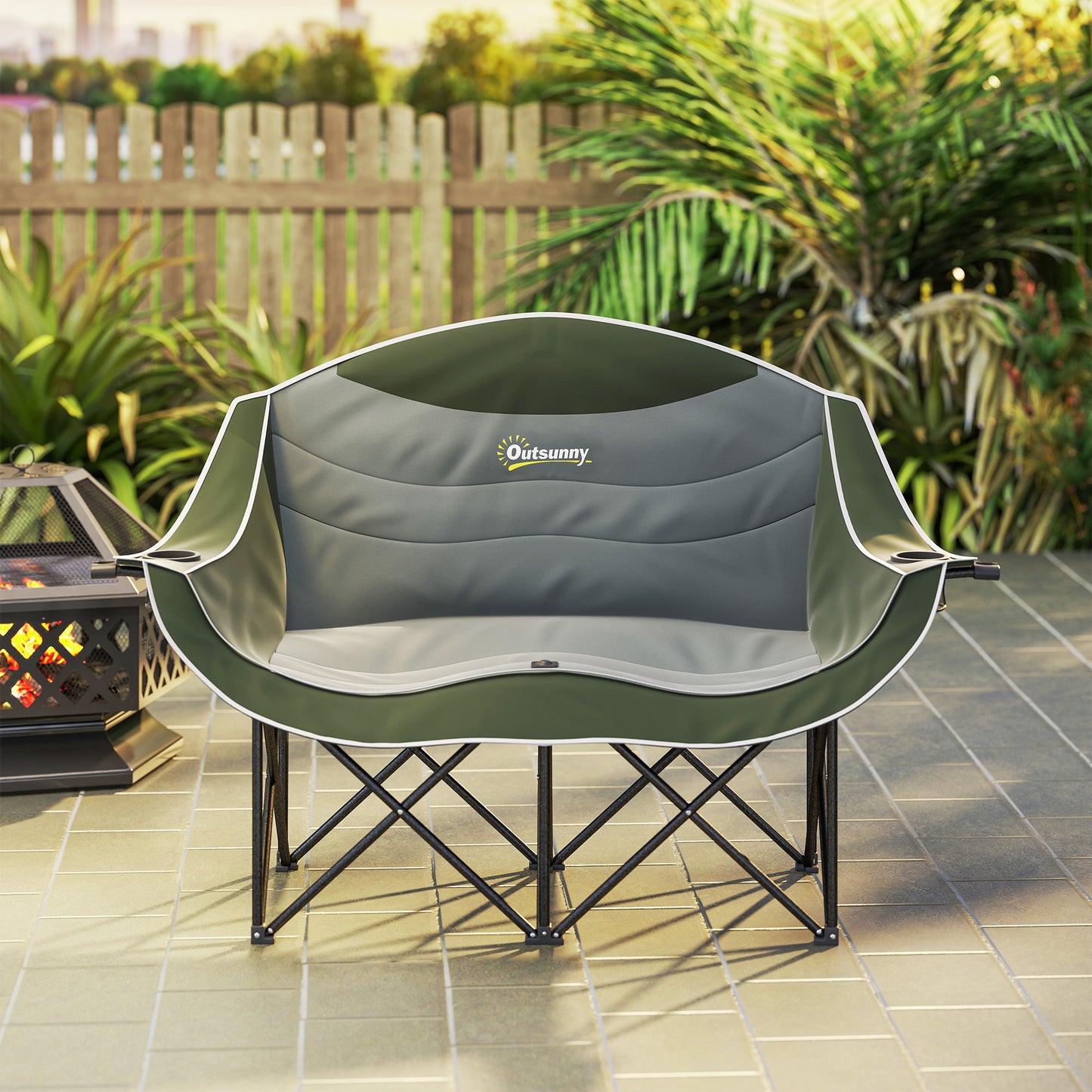 Outsunny Double Camping Chair for Adults, Oversized Heavy Duty Padded Folding Chair with Armrests, Cup Holders and Carry Bag for Outdoor Camping Hiking Picnic Fishing, 250kg Capacity, Green