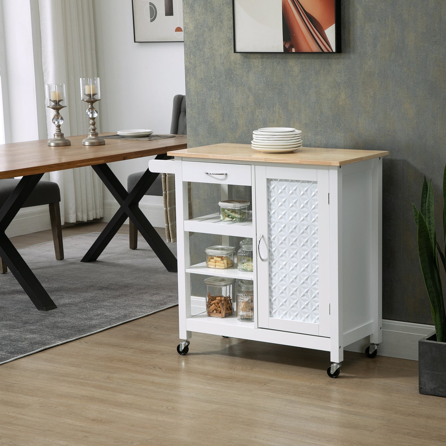 HOMCOM Kitchen Cart on Wheels with Embossed Door Panel, Utility Kitchen Island with Storage Drawer, White