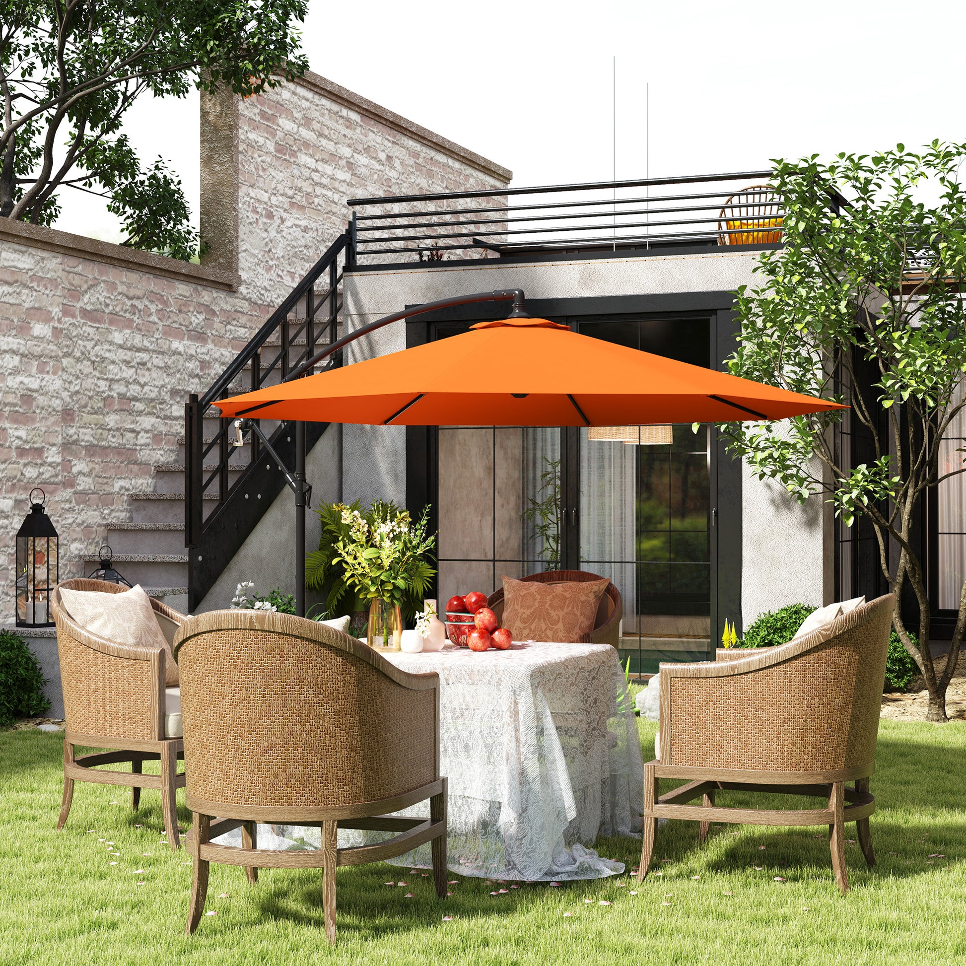Outsunny 3(m) Overhanging Parasol, with Base - Orange