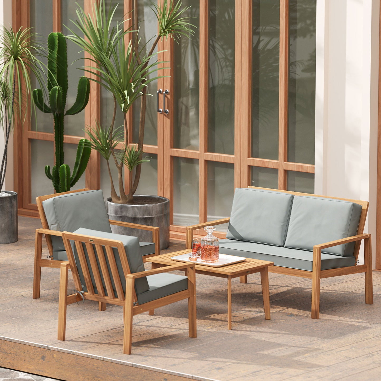 Outsunny 4-Piece Wooden Garden Furniture Set with Cushions - Teak