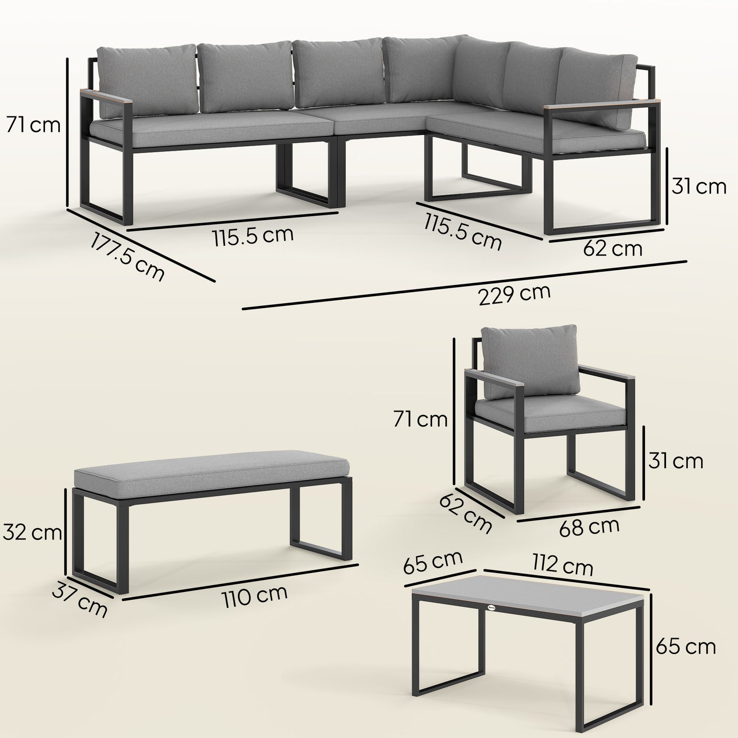 Outsunny Six Piece L Shaped Garden Furniture Set with 3 Loveseats - Grey
