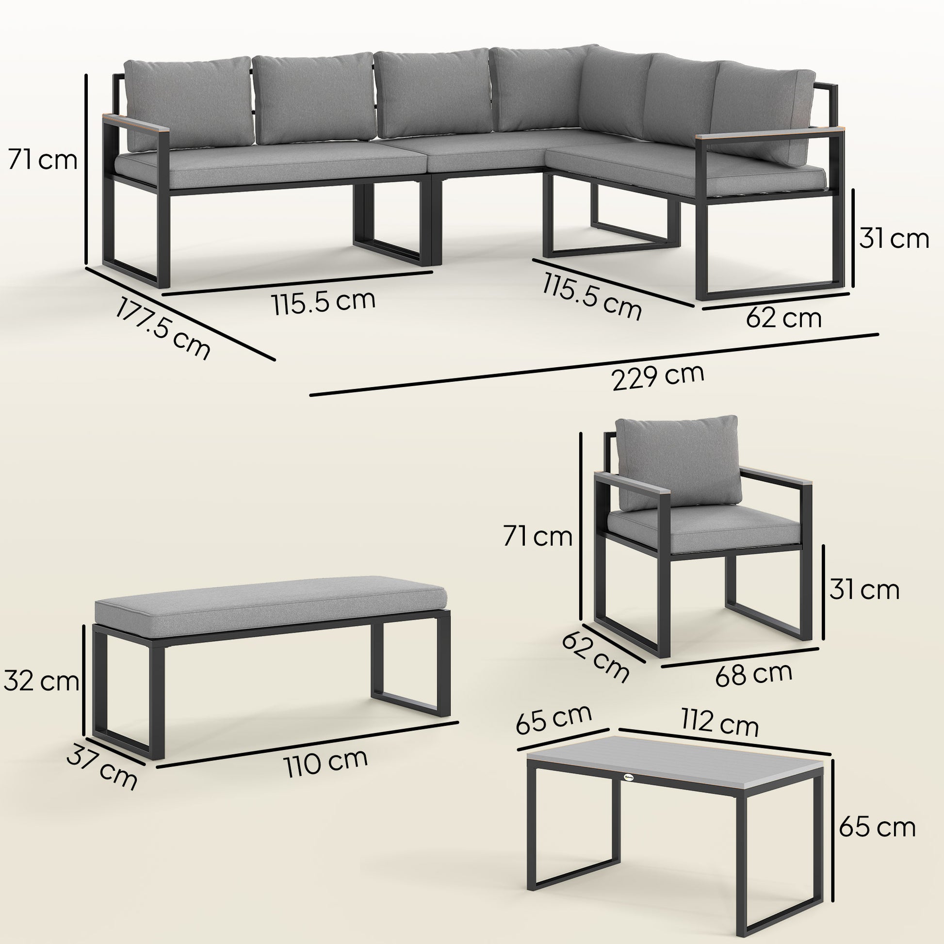 Outsunny Six Piece L Shaped Garden Furniture Set with 3 Loveseats - Grey