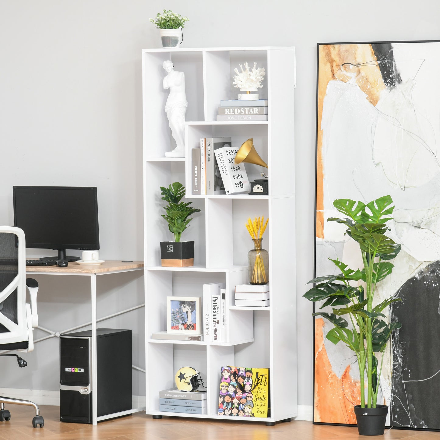 HOMCOM 8-Tier Freestanding Bookcase w/ Melamine Surface Anti-Tipping Foot Pads Home Display Storage Grid Stand Modern Style - White