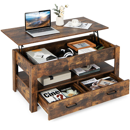 Industrial Lift Top Coffee Table with Enclosed Compartment-Rustic Brown