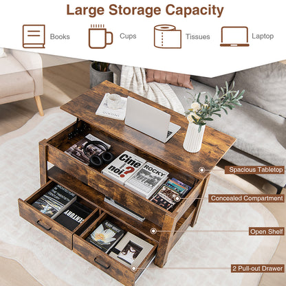 Industrial Lift Top Coffee Table with Enclosed Compartment-Rustic Brown