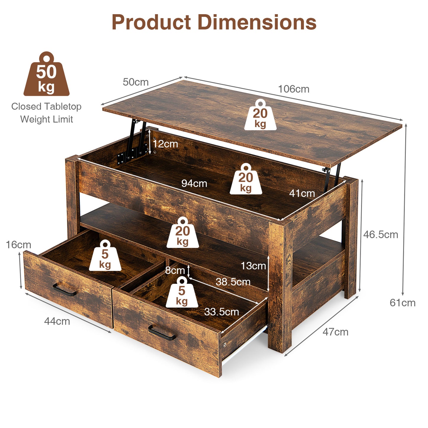 Industrial Lift Top Coffee Table with Enclosed Compartment-Rustic Brown