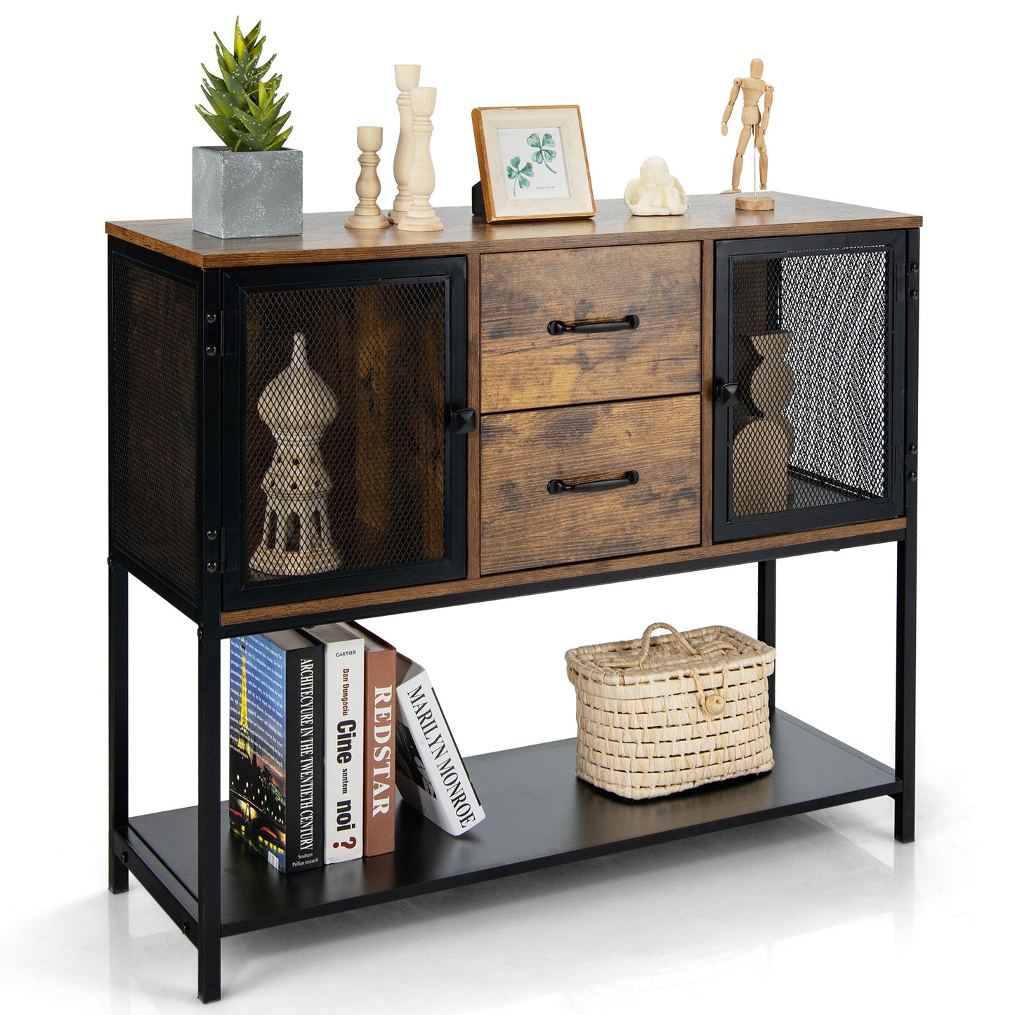 Industrial Buffet Sideboard Console Table with 2  Cabinets-Rustic Brown