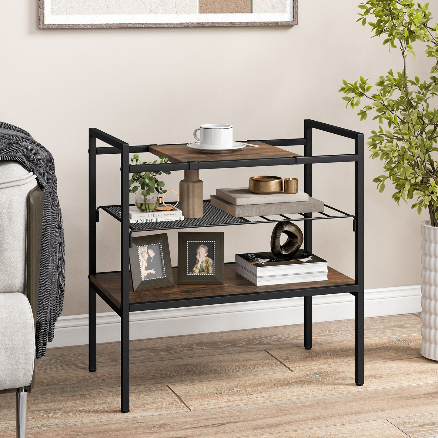 Sofa Side Table with Removable Panel and Mesh Shelf-Rustic Brown