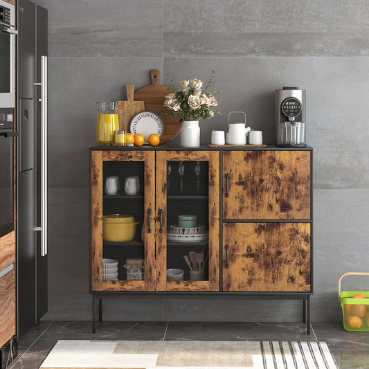 Industrial Kitchen Sideboard with Mesh Doors and Anti-toppling Device-Brown