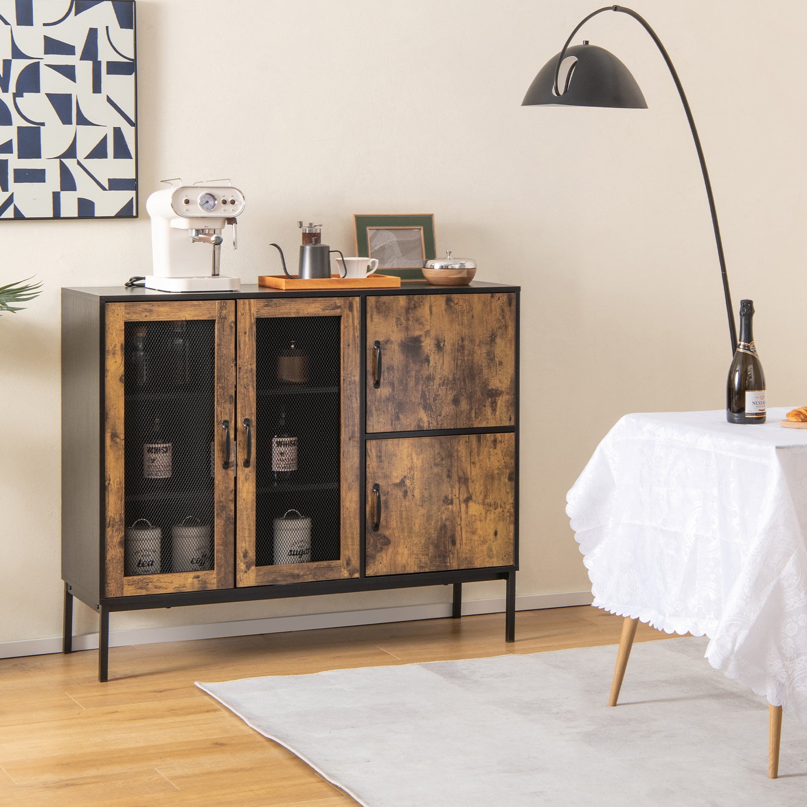Industrial Kitchen Sideboard with Mesh Doors and Anti-toppling Device-Brown