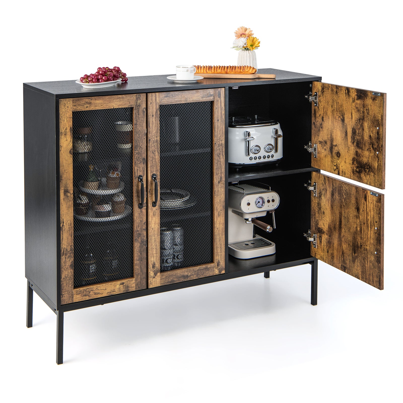 Industrial Kitchen Sideboard with Mesh Doors and Anti-toppling Device-Brown