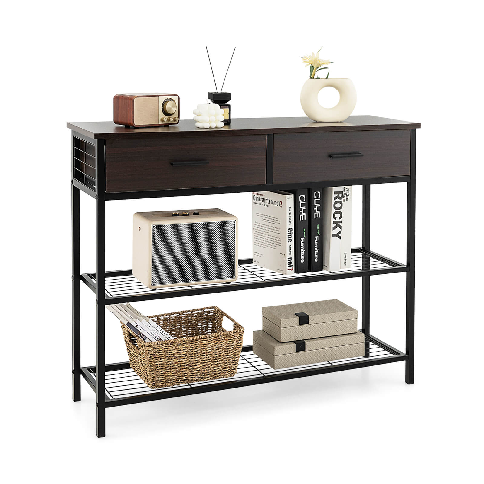 Entryway Console Table with 2 Drawers and 2-Tier Shelves-Brown