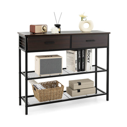 Entryway Console Table with 2 Drawers and 2-Tier Shelves-Brown