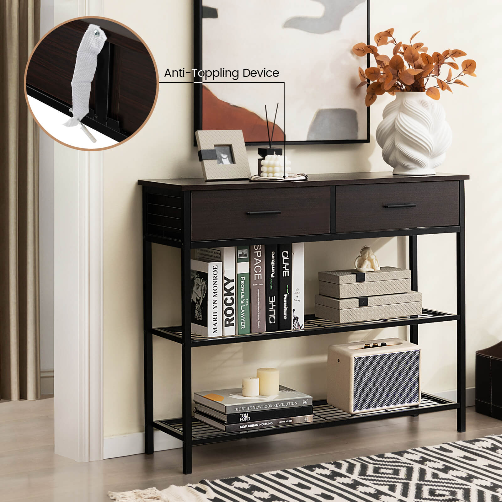 Entryway Console Table with 2 Drawers and 2-Tier Shelves-Brown