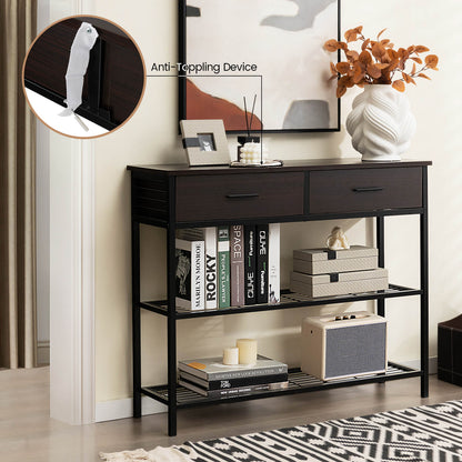 Entryway Console Table with 2 Drawers and 2-Tier Shelves-Brown