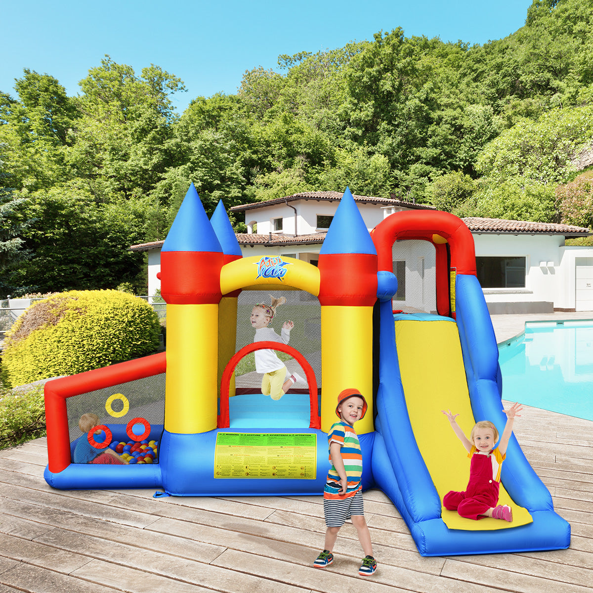 Inflatable Bouncer with Ball Pit and Slide and Climbing Wall with Air Blower