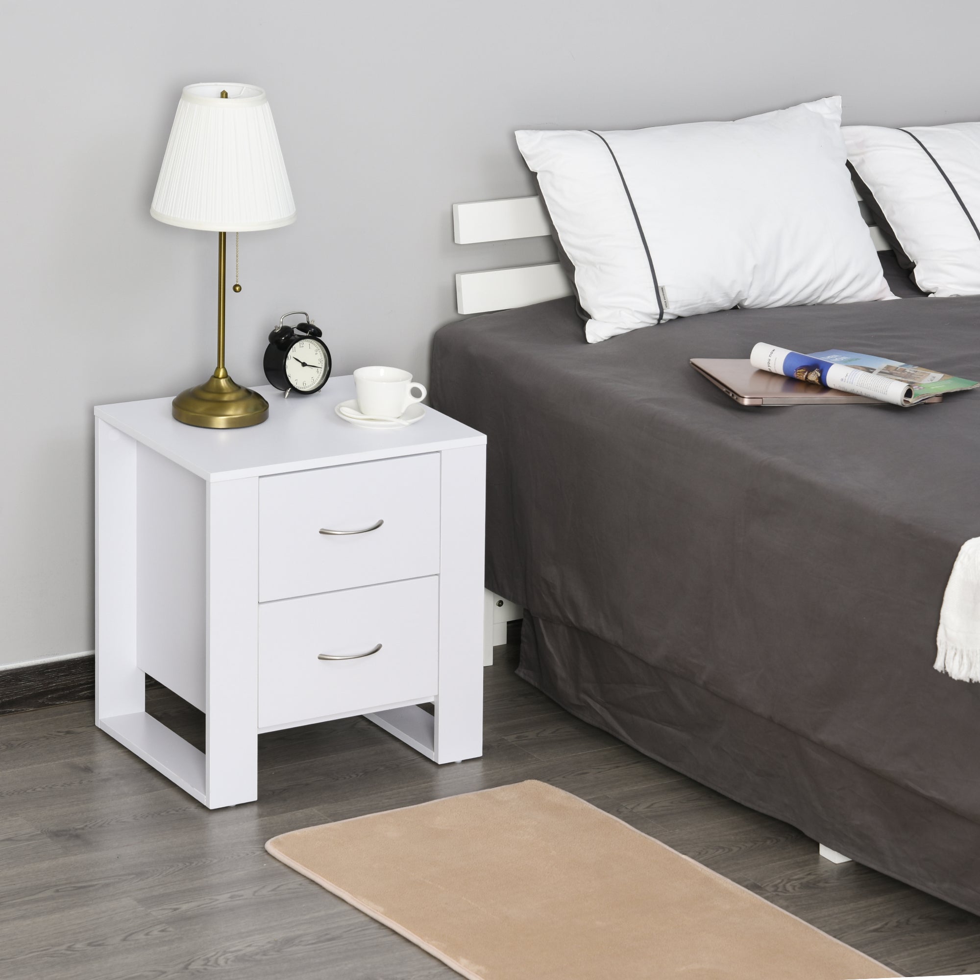 HOMCOM 2 Drawer Modern Boxy Bedside Table with Handles Elevated Base M ...