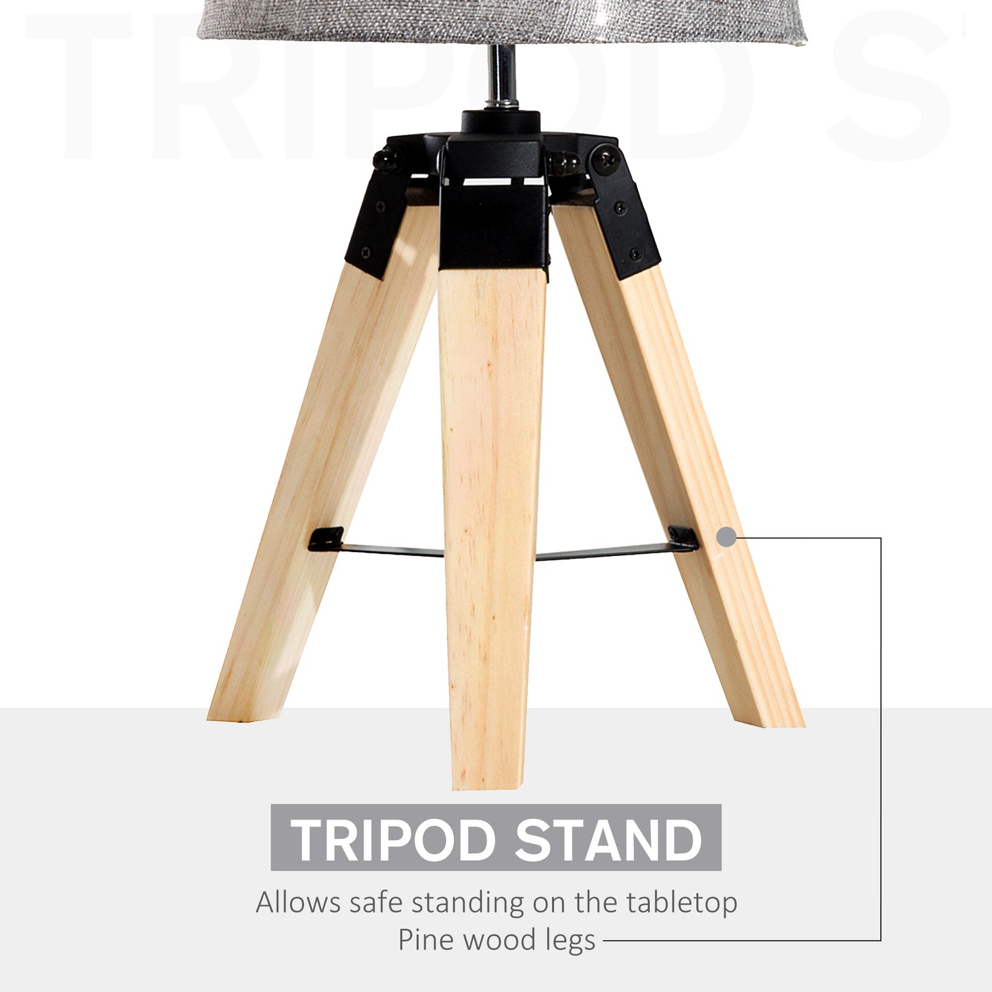 HOMCOM Wooden Tripod Table Lamp for Side, Desk or End Table with E27 Bulb Base?Grey Shade?