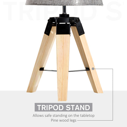 HOMCOM Wooden Tripod Table Lamp for Side, Desk or End Table with E27 Bulb Base?Grey Shade?