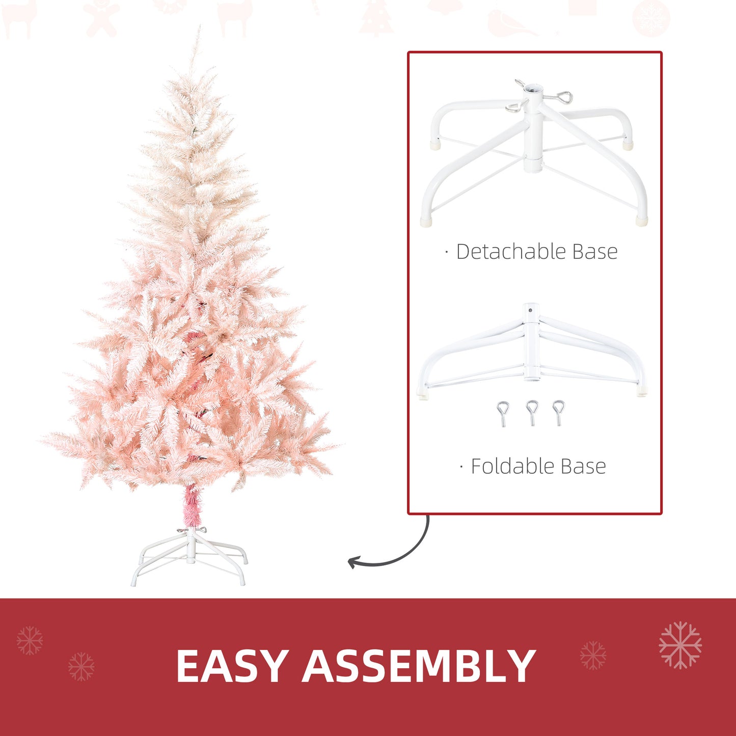 HOMCOM 5ft Artificial Christmas Tree Holiday Home Decoration with Metal Stand, Automatic Open, White and Pink