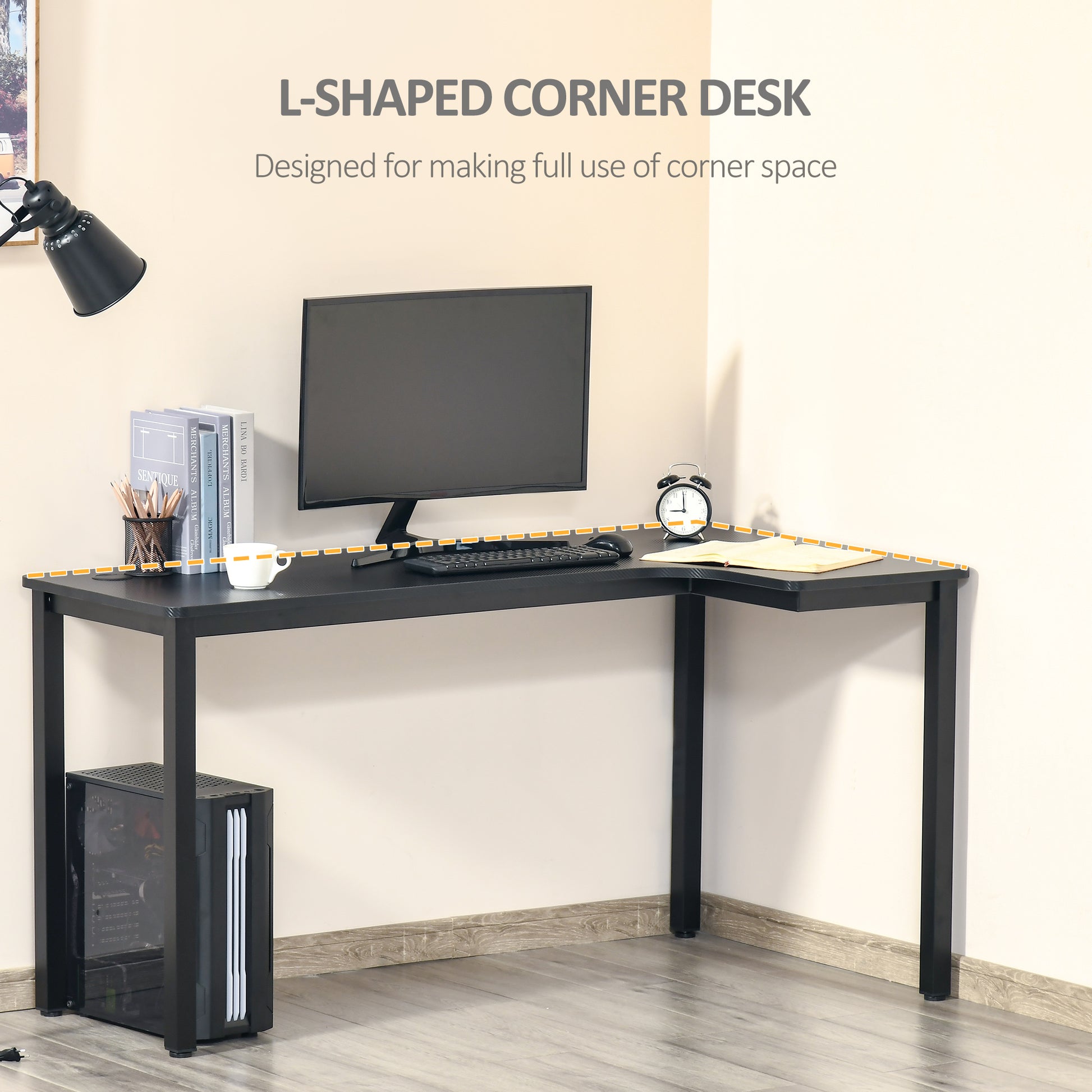 HOMCOM L-Shaped Gaming Desk, Computer Corner Desk, Home Office Workstation with Cable Management, 145 x 81 x 76cm, Black