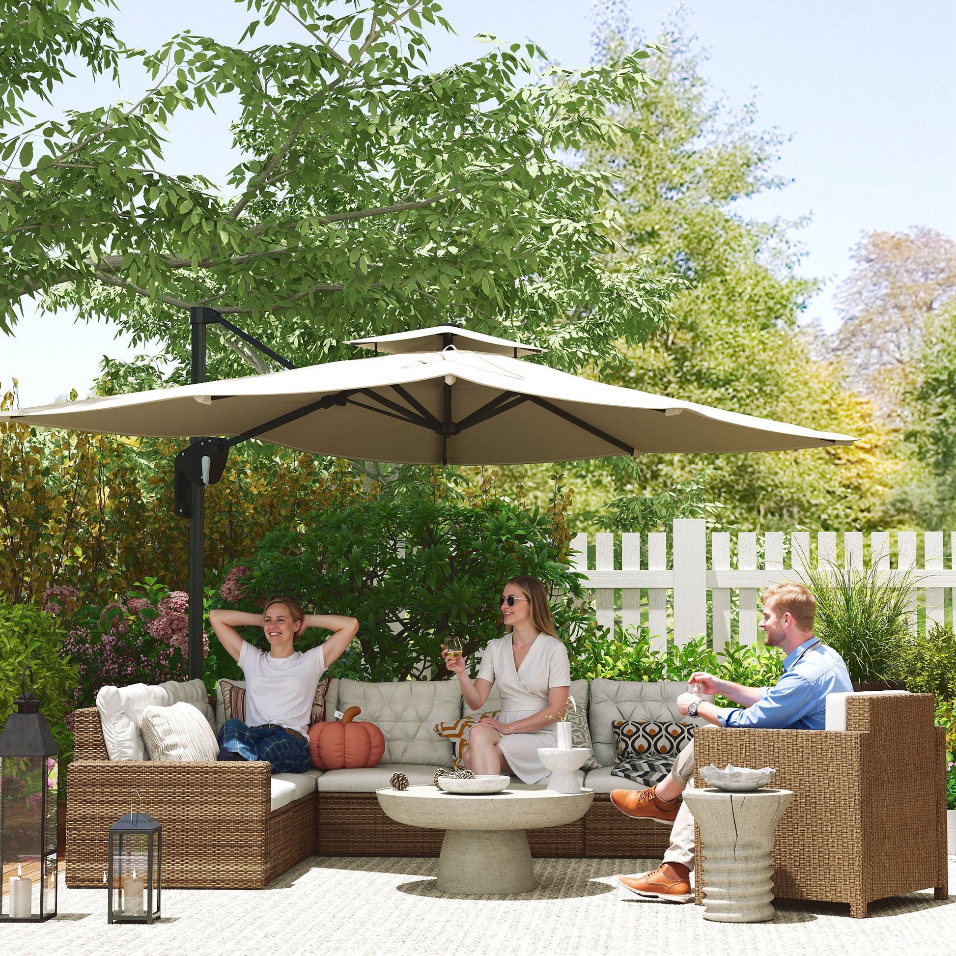 Outsunny 3.7 x 2.7 m Cantilever Parasol w/ 360° Rotation and Easy Tilt Adjustment, Aluminium Hanging Offset Outdoor Umbrella w/ Double Top and Cross Base, UPF50+ Hanging Sun Shade, Black