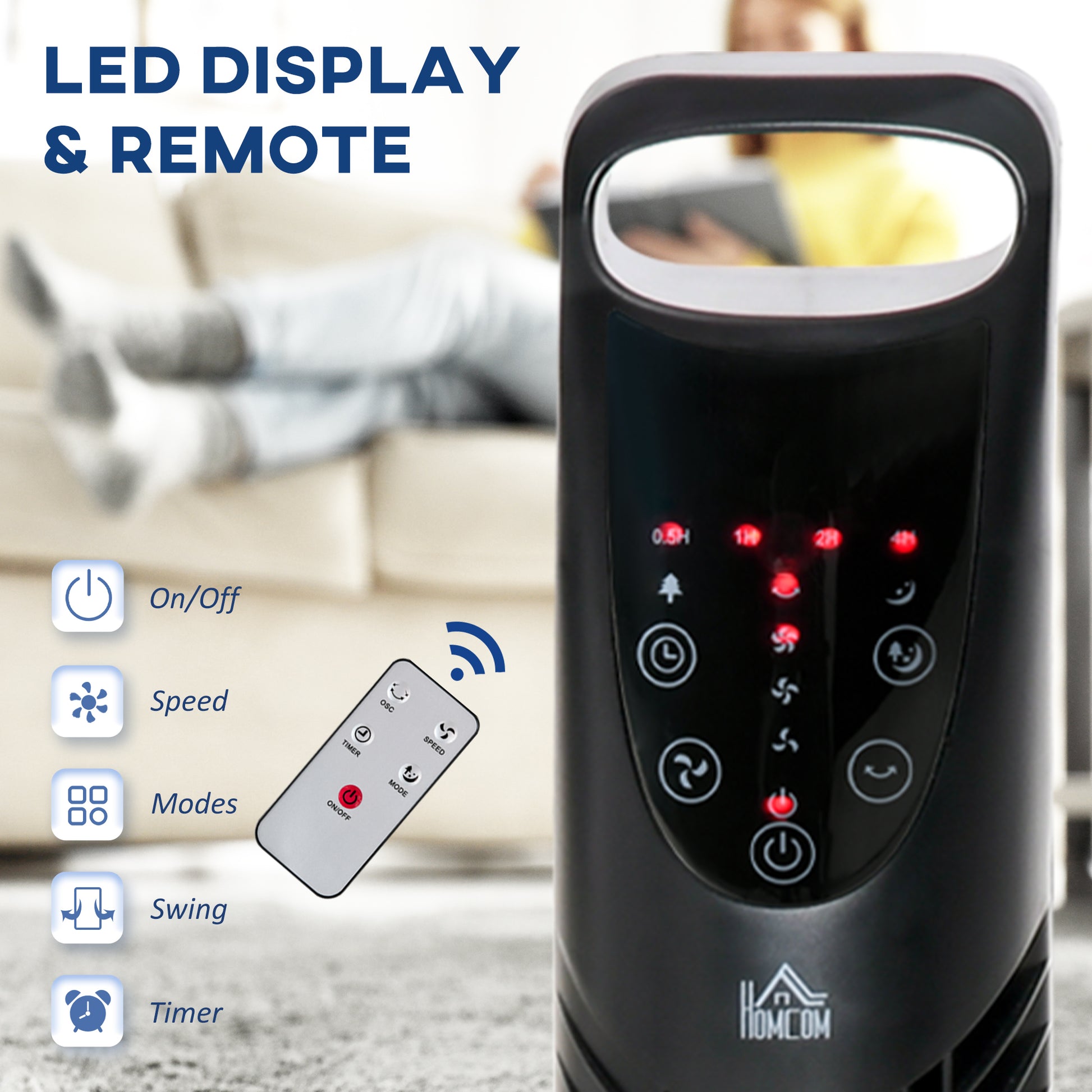 HOMCOM Tower Fan Oscillating 3 Speeds 3 Winds 40W w/ Remote Control Timer Moving Head Quiet Operation Home Office Bedroom Black - 78.5H cm